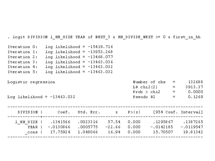 . logit DIVISION l_HH_SIZE YEAR if NEXT_3 & HH_DIVIDE_NEXT >= 0 & first_in_hh Iteration