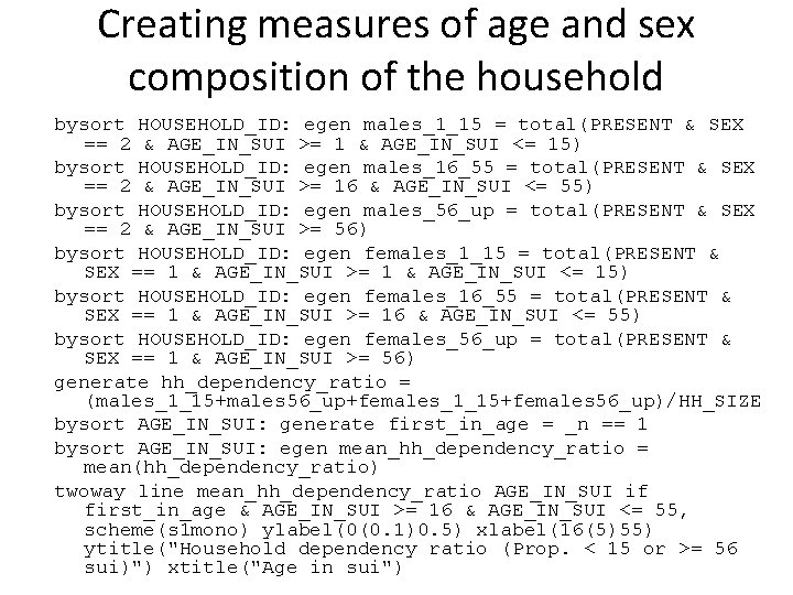 Creating measures of age and sex composition of the household bysort HOUSEHOLD_ID: egen males_1_15