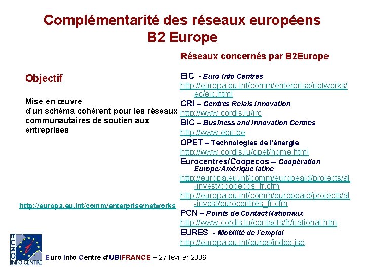 Complémentarité des réseaux européens B 2 Europe Réseaux concernés par B 2 Europe EIC
