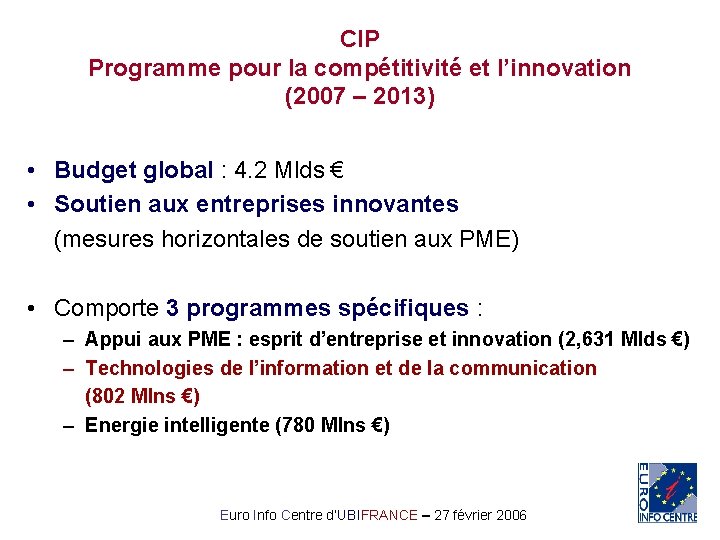 CIP Programme pour la compétitivité et l’innovation (2007 – 2013) • Budget global :