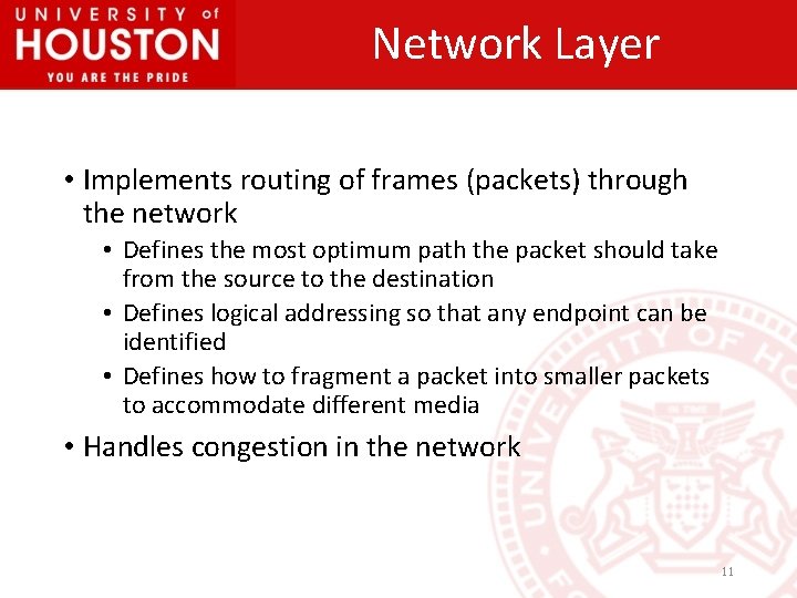 Network Layer • Implements routing of frames (packets) through the network • Defines the
