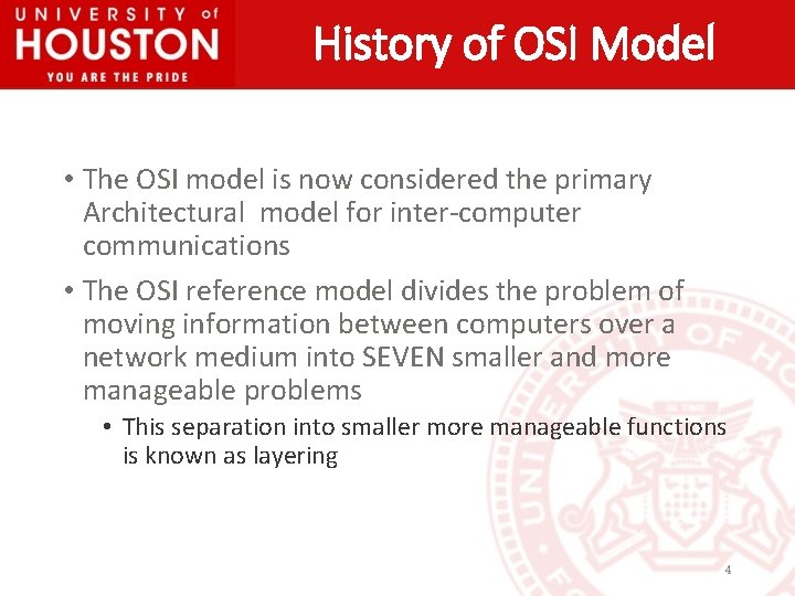 History of OSI Model • The OSI model is now considered the primary Architectural