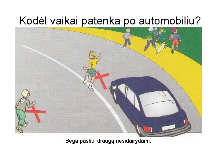 Kodėl vaikai patenka po automobiliu? Bėga paskui draugą nesidairydami. 