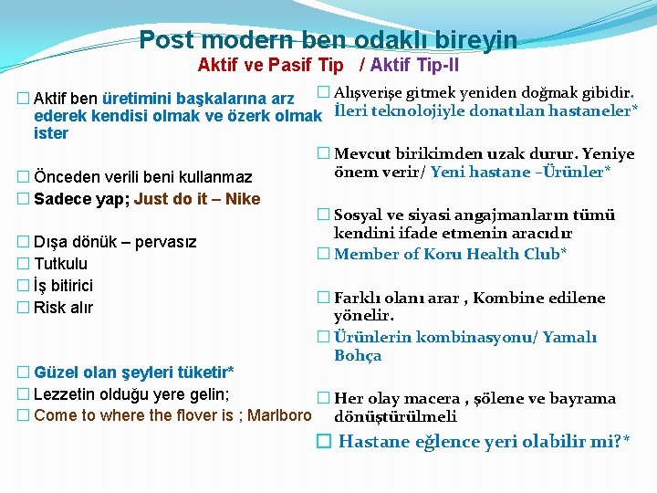 Post modern ben odaklı bireyin Aktif ve Pasif Tip / Aktif Tip-II � Aktif