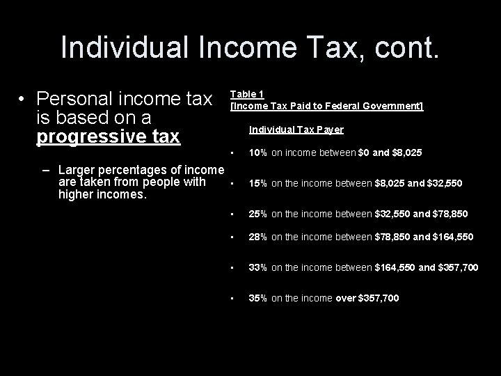 Individual Income Tax, cont. • Personal income tax is based on a progressive tax