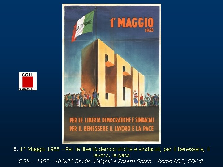 8. 1° Maggio 1955 - Per le libertà democratiche e sindacali, per il benessere,