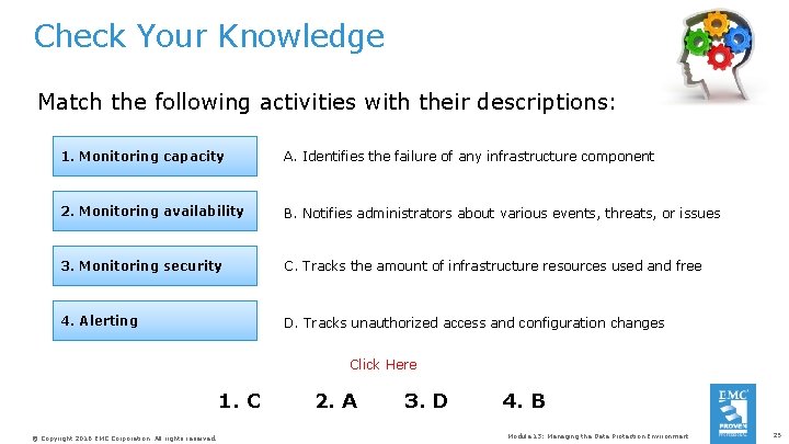 Check Your Knowledge Match the following activities with their descriptions: 1. Monitoring capacity A.