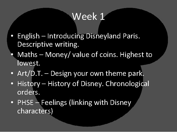 Week 1 • English – Introducing Disneyland Paris. Descriptive writing. • Maths – Money/