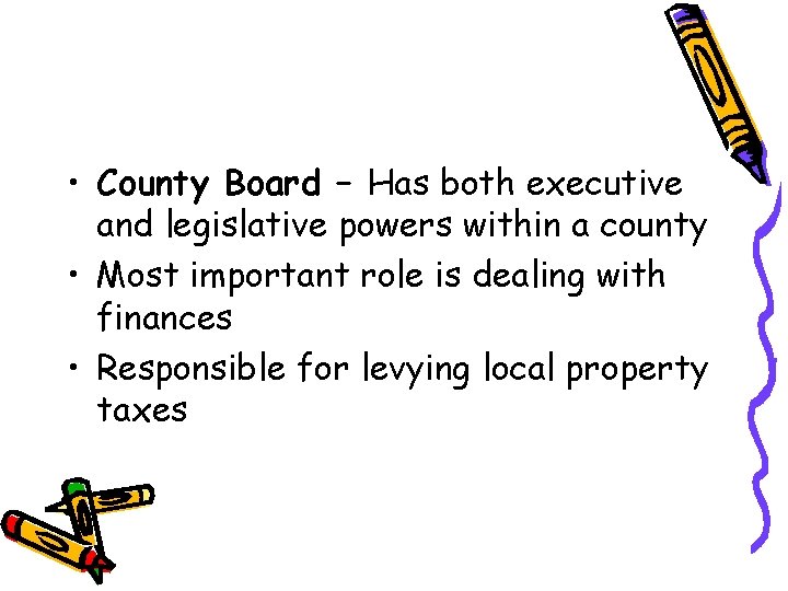  • County Board – Has both executive and legislative powers within a county