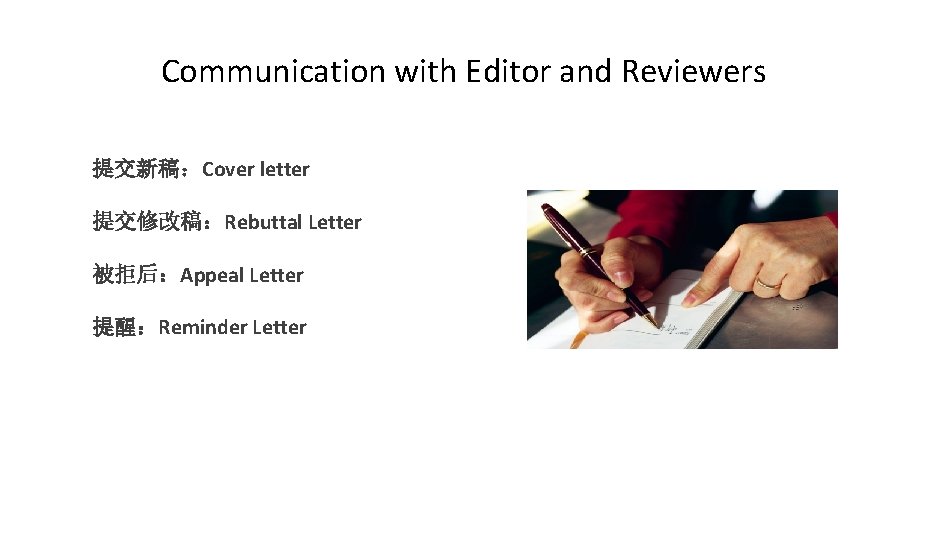 Communication with Editor and Reviewers 提交新稿：Cover letter 提交修改稿：Rebuttal Letter 被拒后：Appeal Letter 提醒：Reminder Letter 
