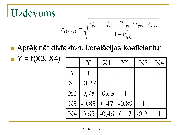 Uzdevums n n Aprēķināt divfaktoru korelācijas koeficientu: Y = f(X 3, X 4) Y