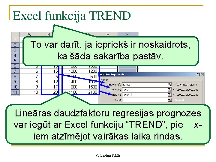 Excel funkcija TREND To var darīt, ja iepriekš ir noskaidrots, ka šāda sakarība pastāv.