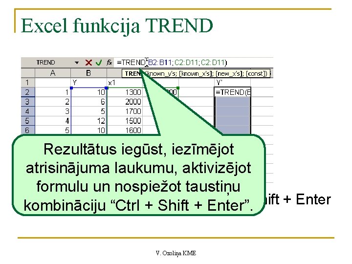 Excel funkcija TREND Rezultātus iegūst, iezīmējot atrisinājuma laukumu, aktivizējot formulu un nospiežot taustiņu Ctrl