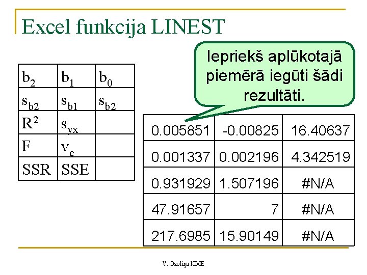 Excel funkcija LINEST b 2 sb 2 R 2 F SSR b 1 b