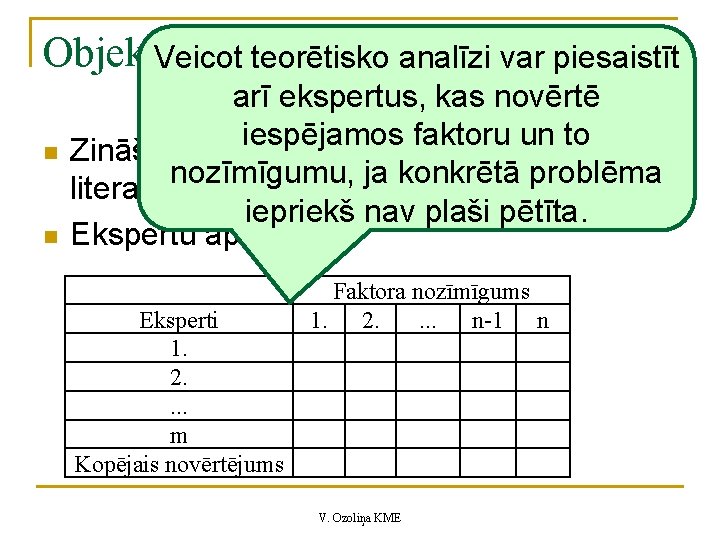 Objekta teorētiskā analīze Veicot teorētisko analīzi var piesaistīt n n arī ekspertus, kas novērtē