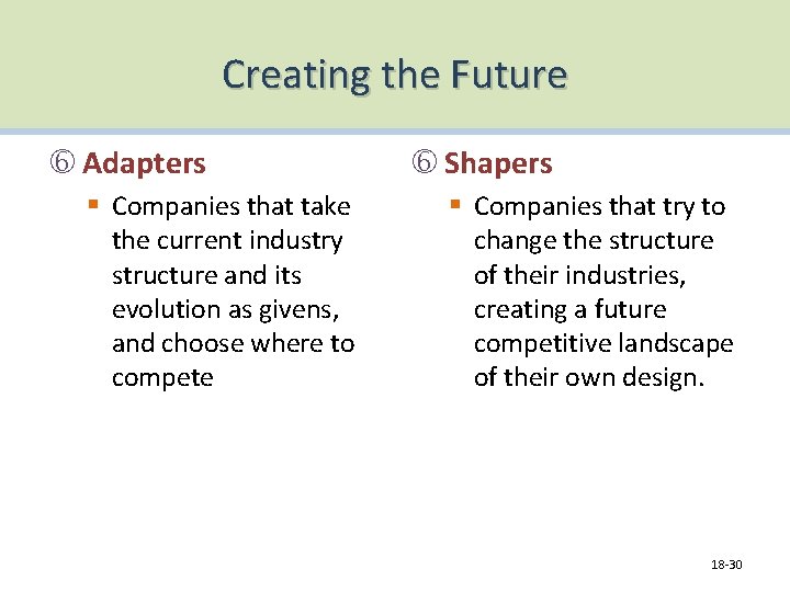 Creating the Future Adapters § Companies that take the current industry structure and its