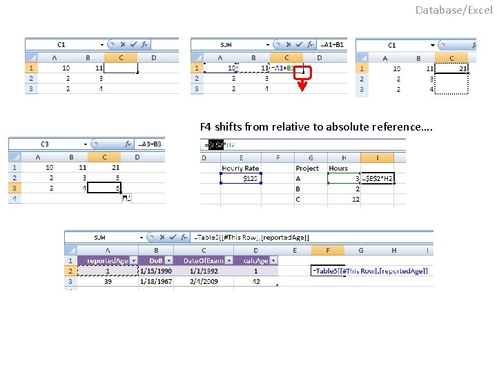 Database/Excel F 4 shifts from relative to absolute reference…. 