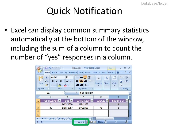 Quick Notification Database/Excel • Excel can display common summary statistics automatically at the bottom