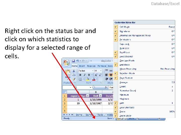 Database/Excel Right click on the status bar and click on which statistics to display