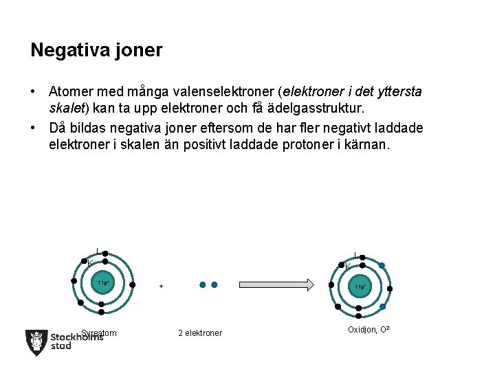 Negativa joner • Atomer med många valenselektroner (elektroner i det yttersta skalet) kan ta