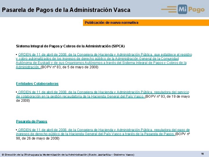 Pasarela de Pagos de la Administración Vasca Publicación de nueva normativa Sistema Integral de