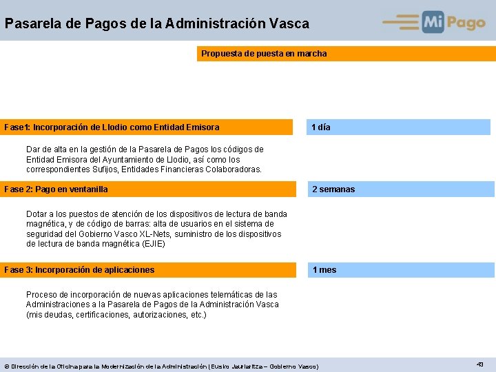 Pasarela de Pagos de la Administración Vasca Propuesta de puesta en marcha Fase 1: