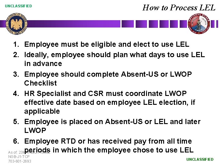 UNCLASSIFIED How to Process LEL 1. Employee must be eligible and elect to use