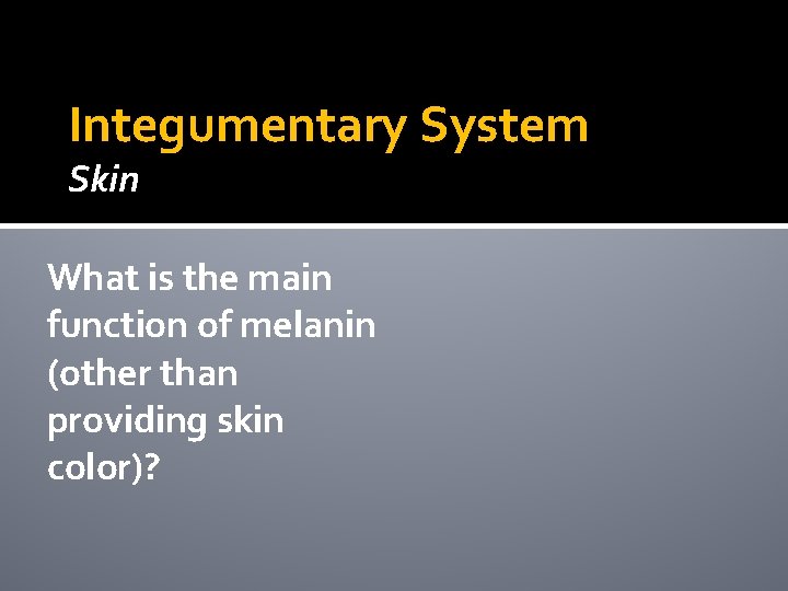Integumentary System Skin What is the main function of melanin (other than providing skin Integumentary System Skin What is the main function of melanin (other than providing skin