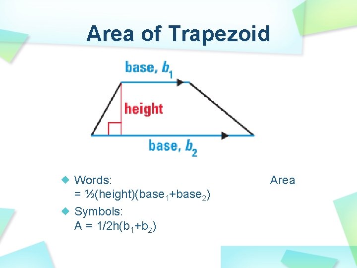 Area of Trapezoid Words: = ½(height)(base 1+base 2) Symbols: A = 1/2 h(b 1+b