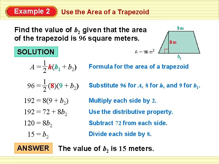 Example 2 Use the Area of a Trapezoid Find the value of b 2