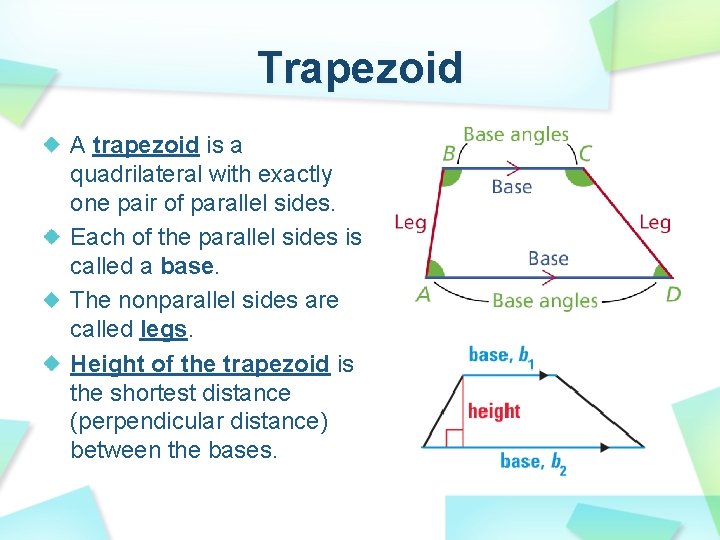 Trapezoid A trapezoid is a quadrilateral with exactly one pair of parallel sides. Each