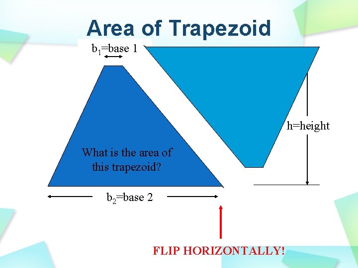 Area of Trapezoid b 1=base 1 h=height What is the area of this trapezoid?