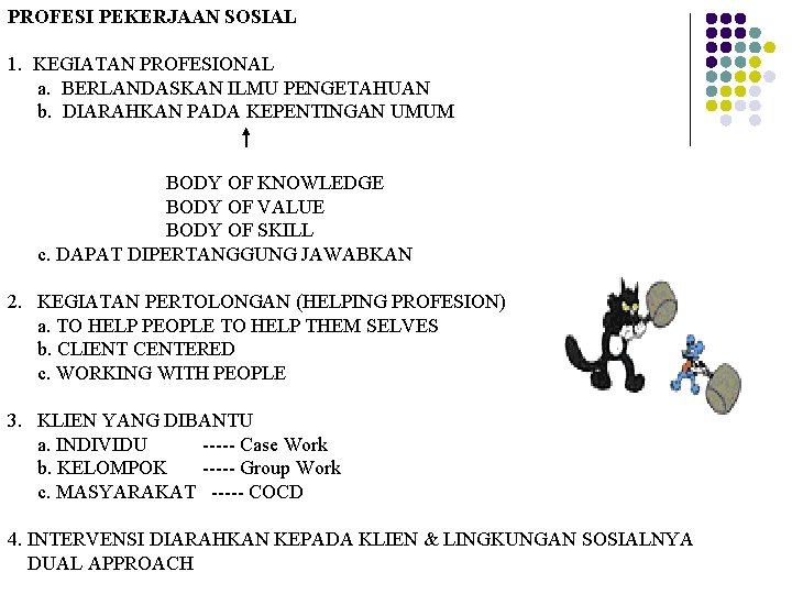 PROFESI PEKERJAAN SOSIAL 1. KEGIATAN PROFESIONAL a. BERLANDASKAN ILMU PENGETAHUAN b. DIARAHKAN PADA KEPENTINGAN