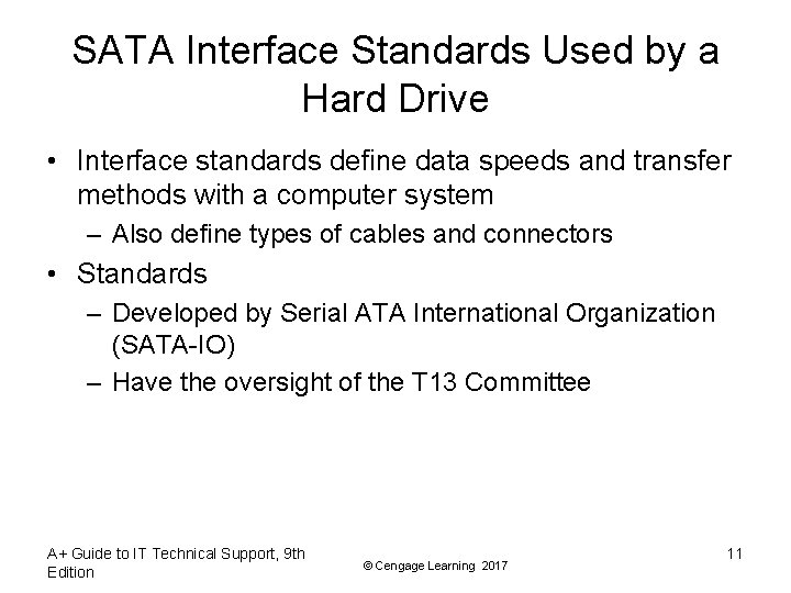SATA Interface Standards Used by a Hard Drive • Interface standards define data speeds