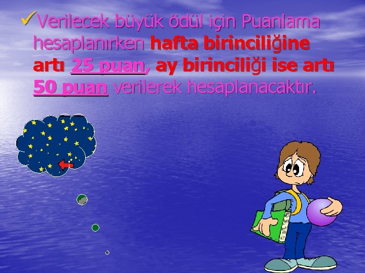 üVerilecek büyük ödül için Puanlama hesaplanırken hafta birinciliğine artı 25 puan, ay birinciliği ise