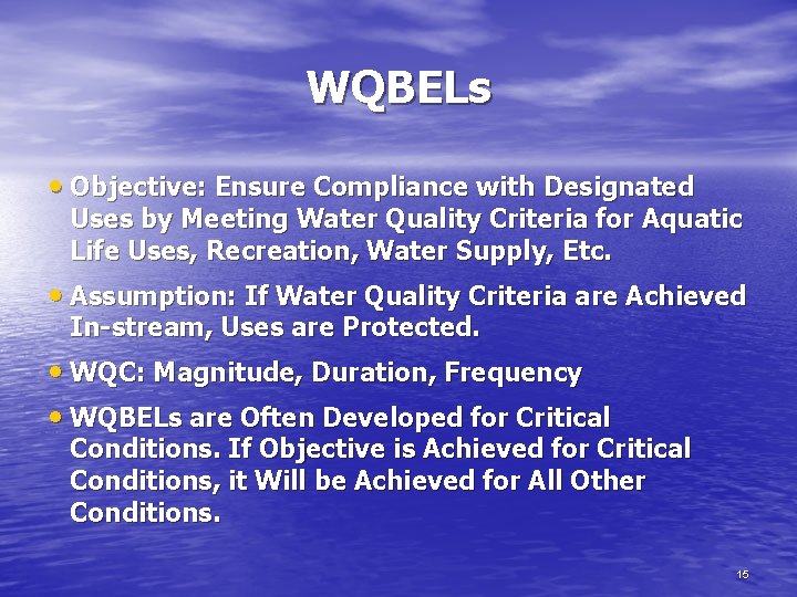 WQBELs • Objective: Ensure Compliance with Designated Uses by Meeting Water Quality Criteria for