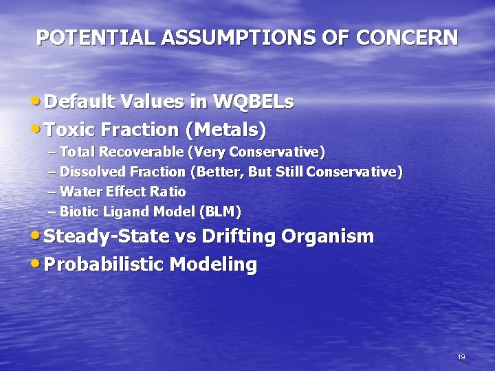 POTENTIAL ASSUMPTIONS OF CONCERN • Default Values in WQBELs • Toxic Fraction (Metals) –