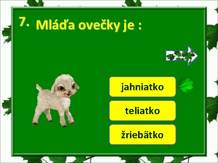 7. Mláďa ovečky je : jahniatko teliatko žriebätko 