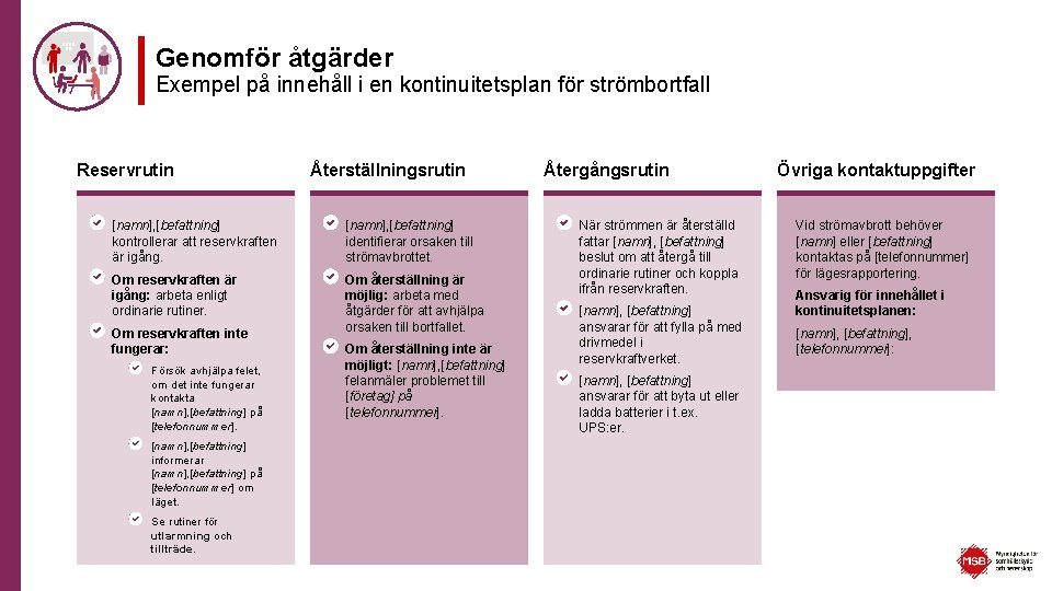 Genomför åtgärder Exempel på innehåll i en kontinuitetsplan för strömbortfall Reservrutin Återställningsrutin [namn], [befattning]