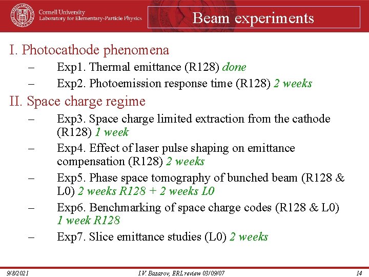 Beam experiments I. Photocathode phenomena – – Exp 1. Thermal emittance (R 128) done