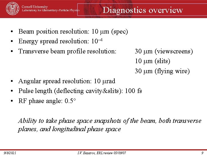 Diagnostics overview • Beam position resolution: 10 mm (spec) • Energy spread resolution: 10–