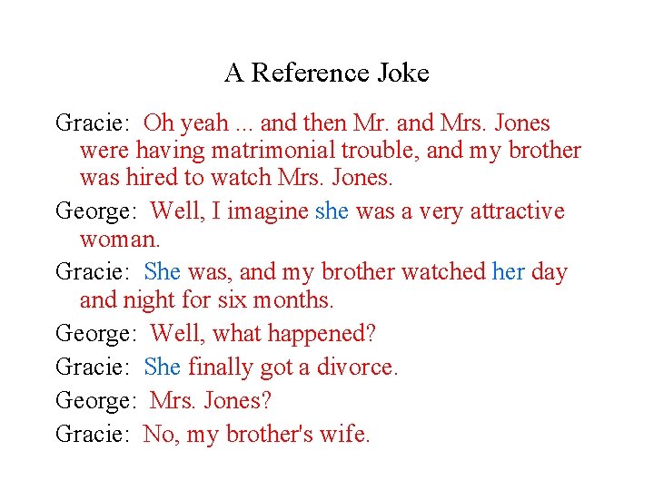 A Reference Joke Gracie: Oh yeah. . . and then Mr. and Mrs. Jones