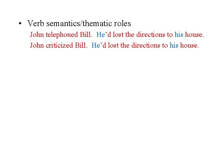  • Verb semantics/thematic roles John telephoned Bill. He’d lost the directions to his