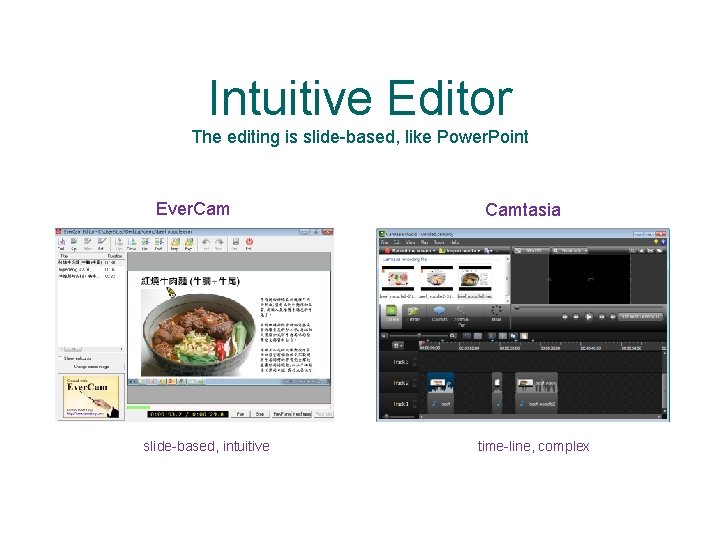 Intuitive Editor The editing is slide-based, like Power. Point Ever. Cam slide-based, intuitive Camtasia