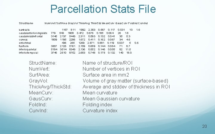 Parcellation Stats File Struct. Name Num. Vert Surf. Area Gray. Vol Thick. Avg Thick.