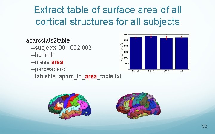 Extract table of surface area of all cortical structures for all subjects aparcstats 2