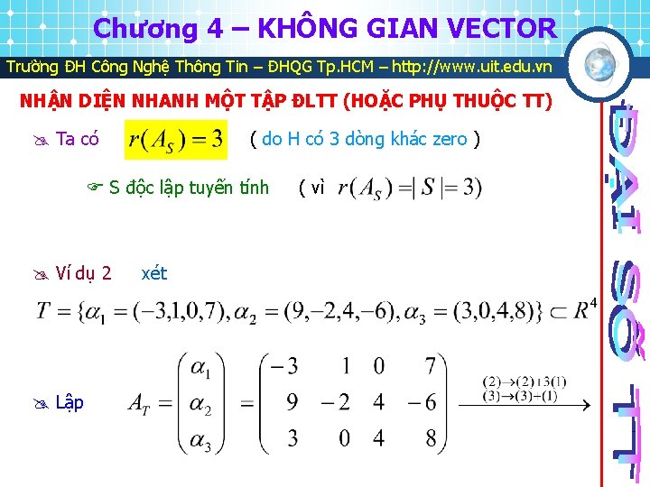 Chương 4 – KHÔNG GIAN VECTOR Trường ĐH Công Nghệ Thông Tin – ĐHQG