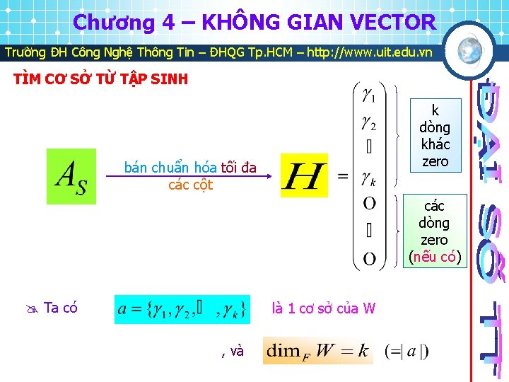 Chương 4 – KHÔNG GIAN VECTOR Trường ĐH Công Nghệ Thông Tin – ĐHQG