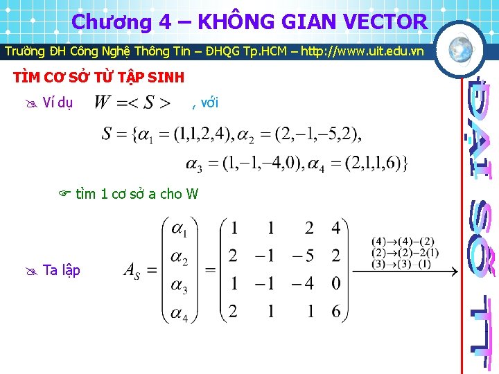 Chương 4 – KHÔNG GIAN VECTOR Trường ĐH Công Nghệ Thông Tin – ĐHQG