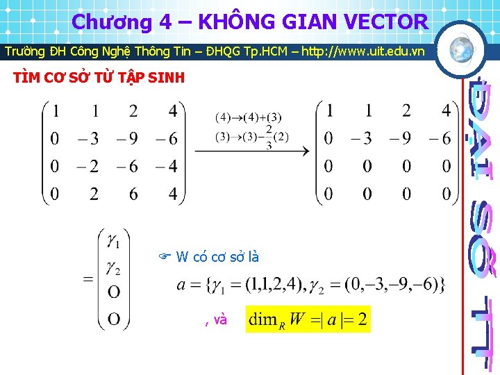 Chương 4 – KHÔNG GIAN VECTOR Trường ĐH Công Nghệ Thông Tin – ĐHQG